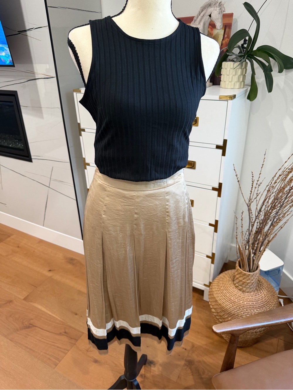 Chelsea28 Black Rib Tank with Beige A-Line Skirt